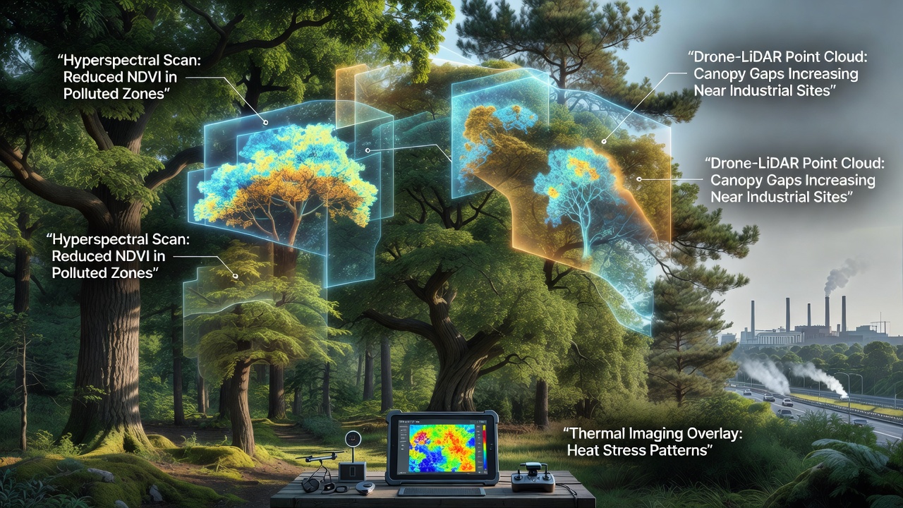 LiDAR point cloud visualization highlighting canopy volume reduction in a UK woodland affected by nitrogen deposition