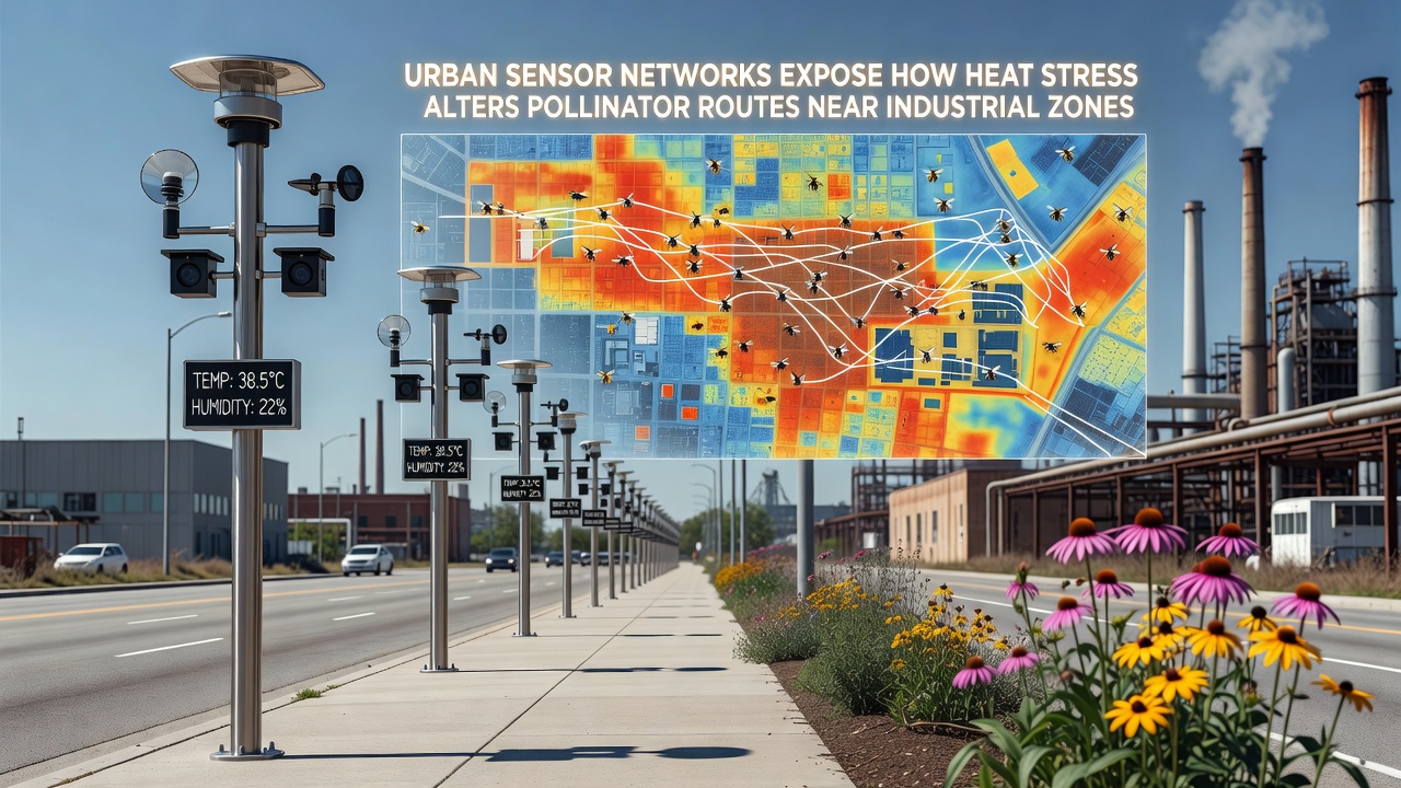 Close-up of a tagged honeybee in flight near a row of warehouses, captured by a high-speed camera linked to an urban sensor node